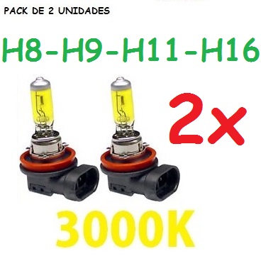 Pack de 2 bombillas H8 H9 H11 H16 amarillas halogenas 3000k cristal amarillo antiniebla cruce cortas carretera largas coche o moto homologadas 55w 100w